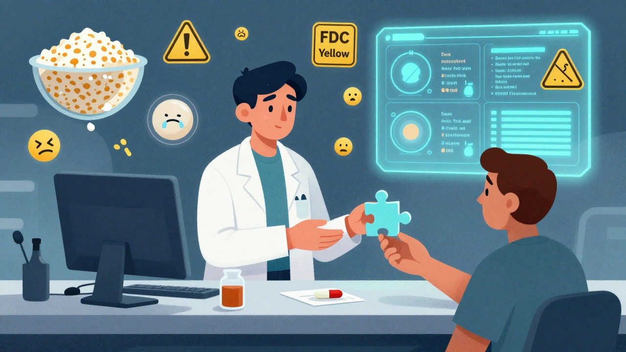 A pharmacist gives a puzzle-shaped pill as ingredient symbols turn into warning signs and crying faces.