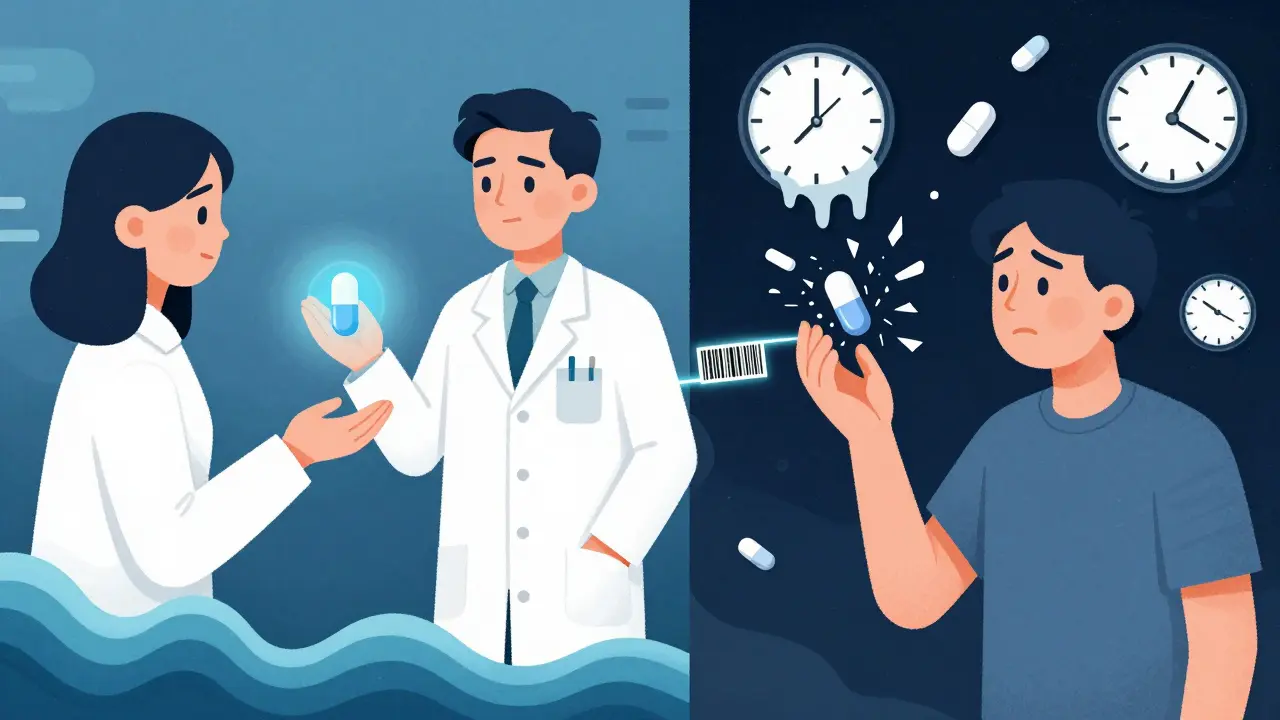 A pharmacist stands between two realities: one calm with perfect pills, one chaotic with broken ones.