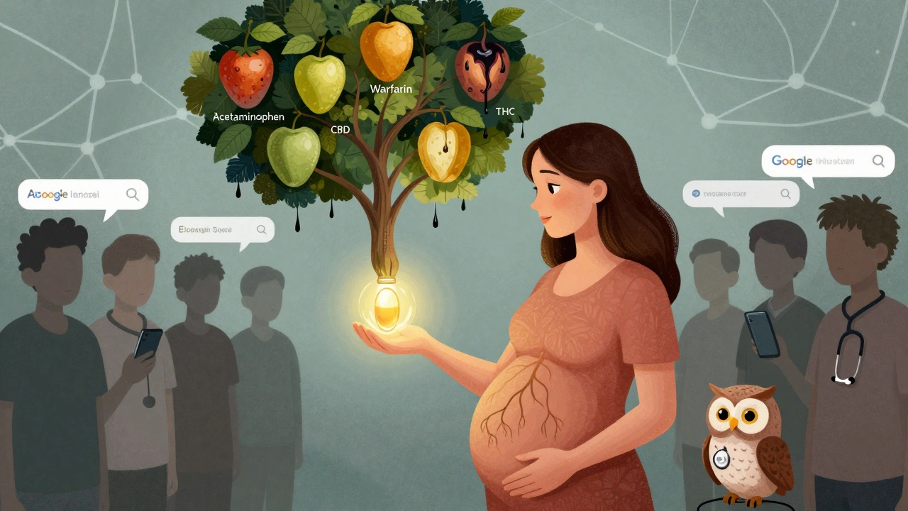 A pregnant woman holding a glowing prenatal vitamin with a tree of medication fruits above her, watched by an owl in a stethoscope amidst digital chaos.