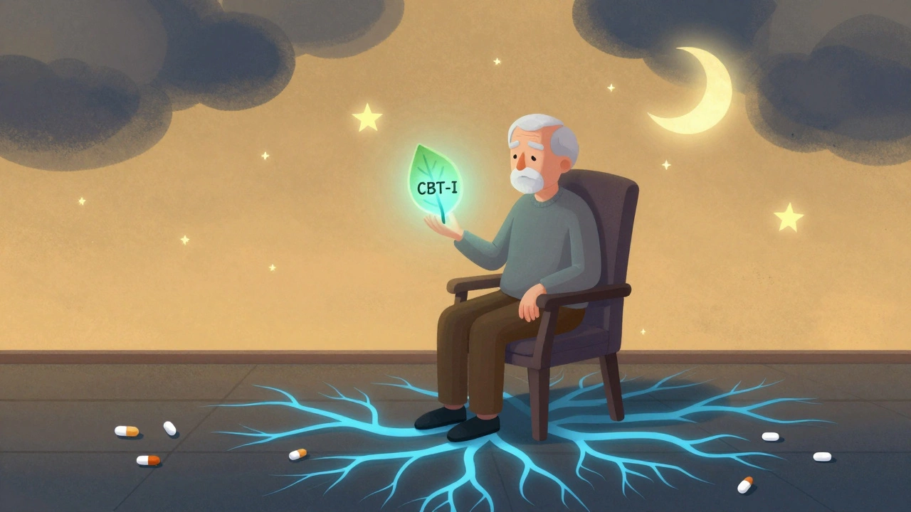 A senior holding a glowing leaf-shaped CBT-I symbol, with calming light replacing pills and anxiety.