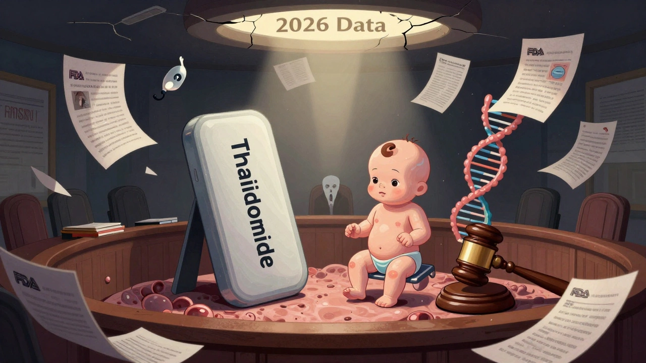 A surreal courtroom inside an ovary where a Thalidomide tablet is on trial, with a porcelain baby and floating medical labels under a glowing clock.