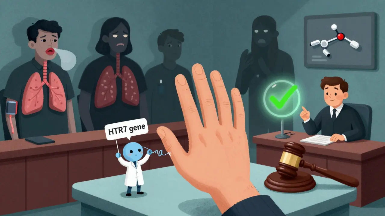 A surreal courtroom scene where an itchy hand is defended by a DNA strand, while allergic reactions loom as shadows.