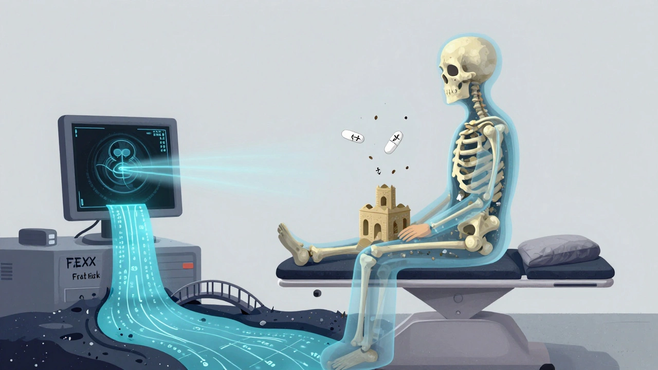 A translucent patient with crumbling bones, bisphosphonate pills falling like leaves, and a melting DEXA scan turning into a FRAX bridge.