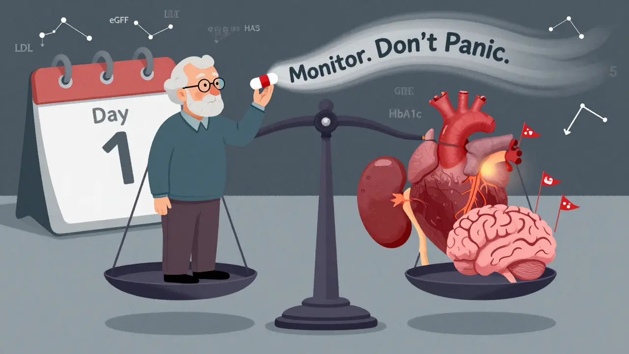 An elderly person balances a statin pill against vital organs on a surreal scale, with floating lab results in the background.