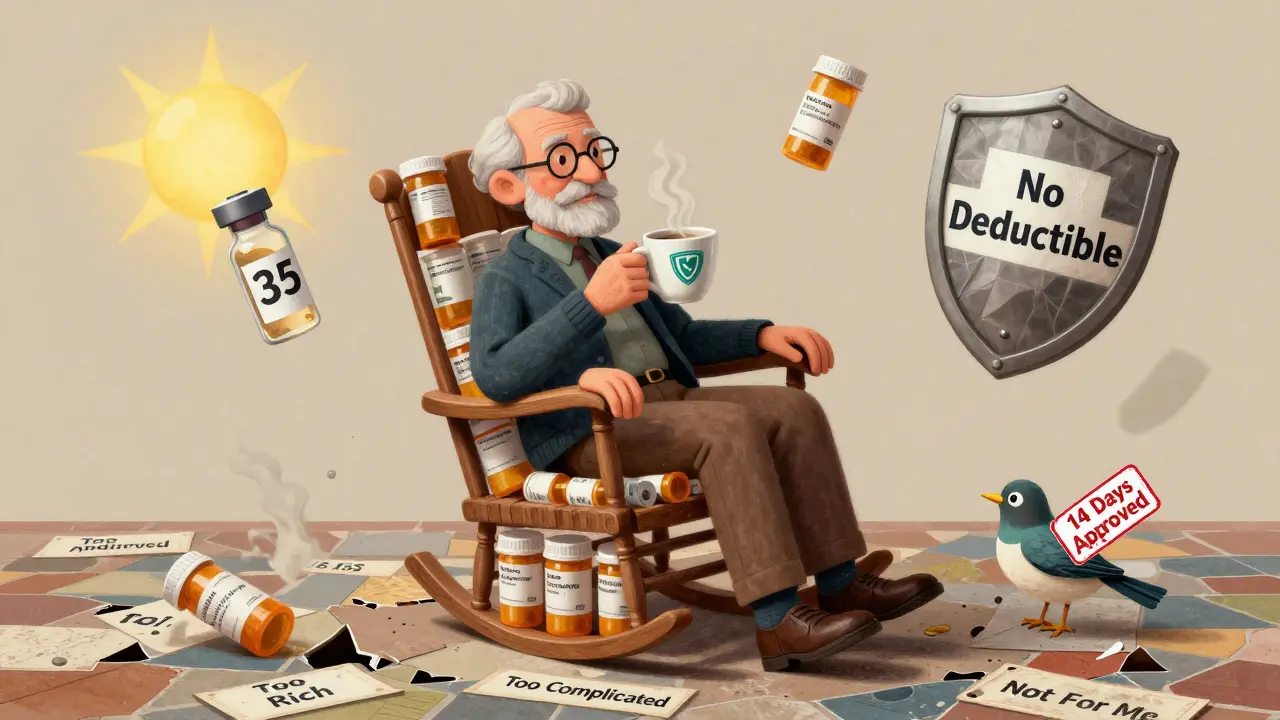 An elderly person sits on a chair made of medicine bottles, surrounded by glowing benefits like a  insulin vial and a 'No Deductible' shield.