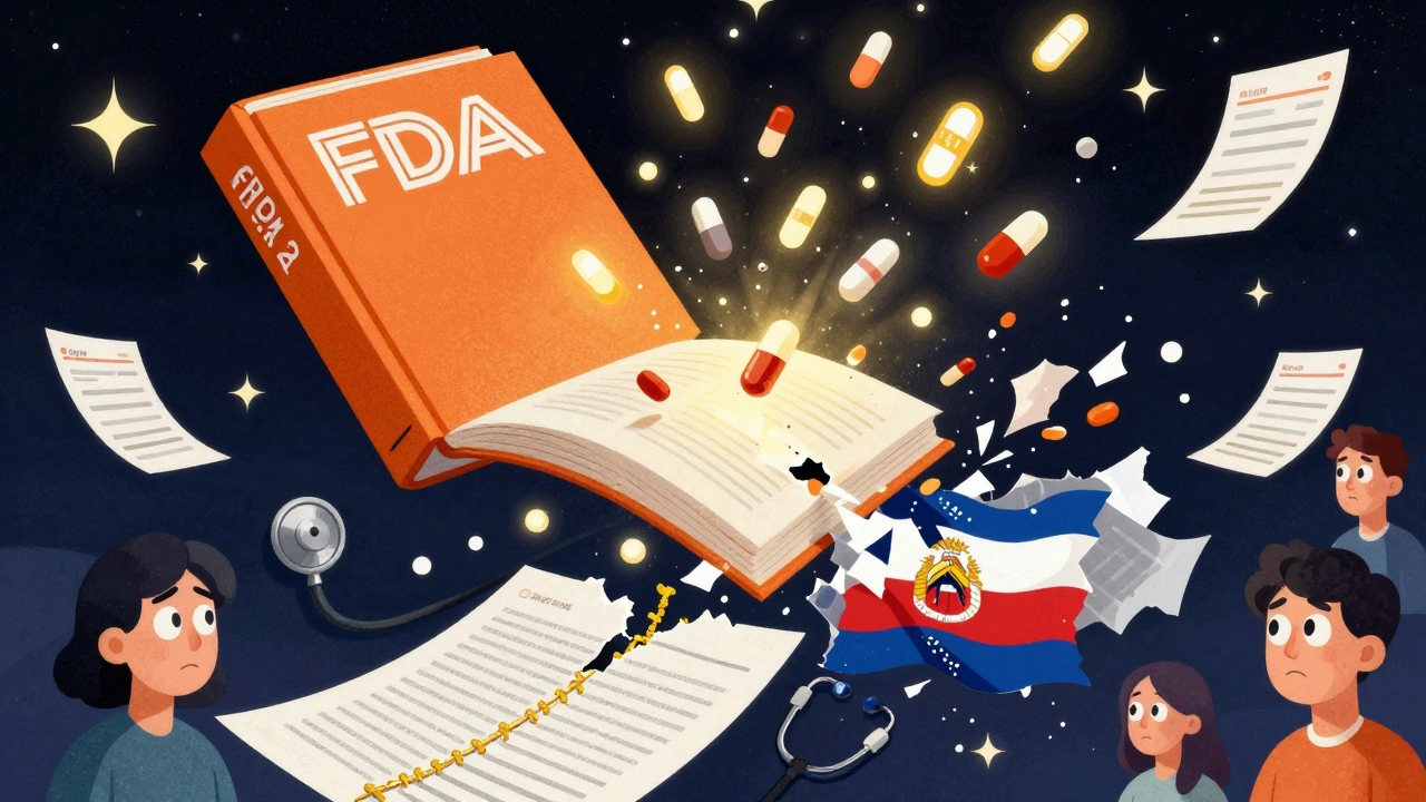 An enormous FDA Orange Book rains down therapeutic equivalence symbols as legal documents dissolve around it in a cosmic pharmacy.