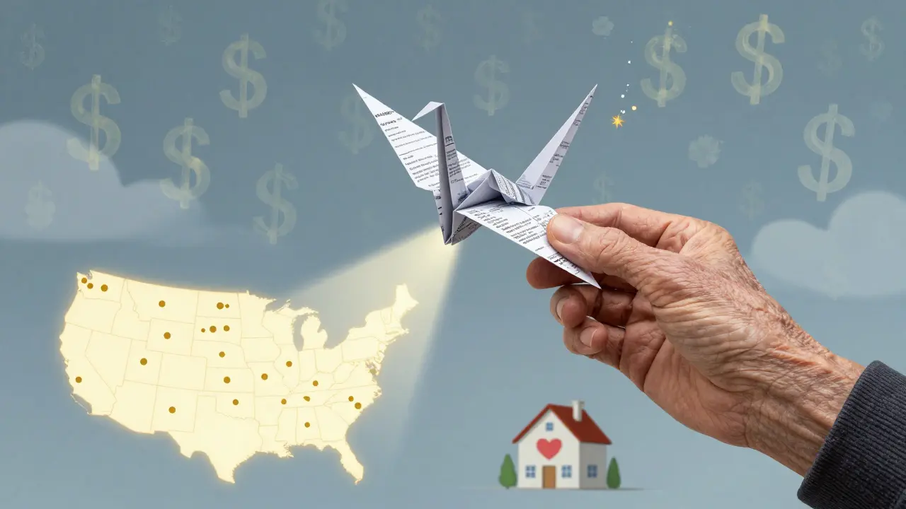 An older hand and a younger hand release a paper crane made of documents, flying through dissolving dollar signs into flowers.