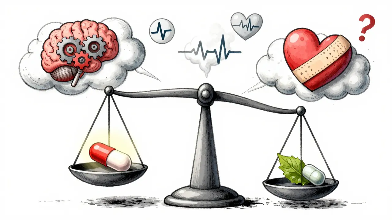 Balance scale with stimulant and non-stimulant ADHD meds, heart and brain clouds floating above.