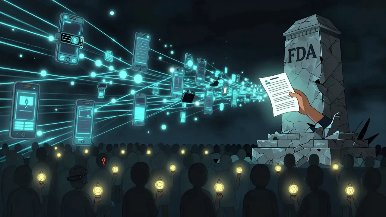 Digital data streams flowing into a crumbling FDA monument, with silent figures holding tiny symptom icons like fragile lanterns.