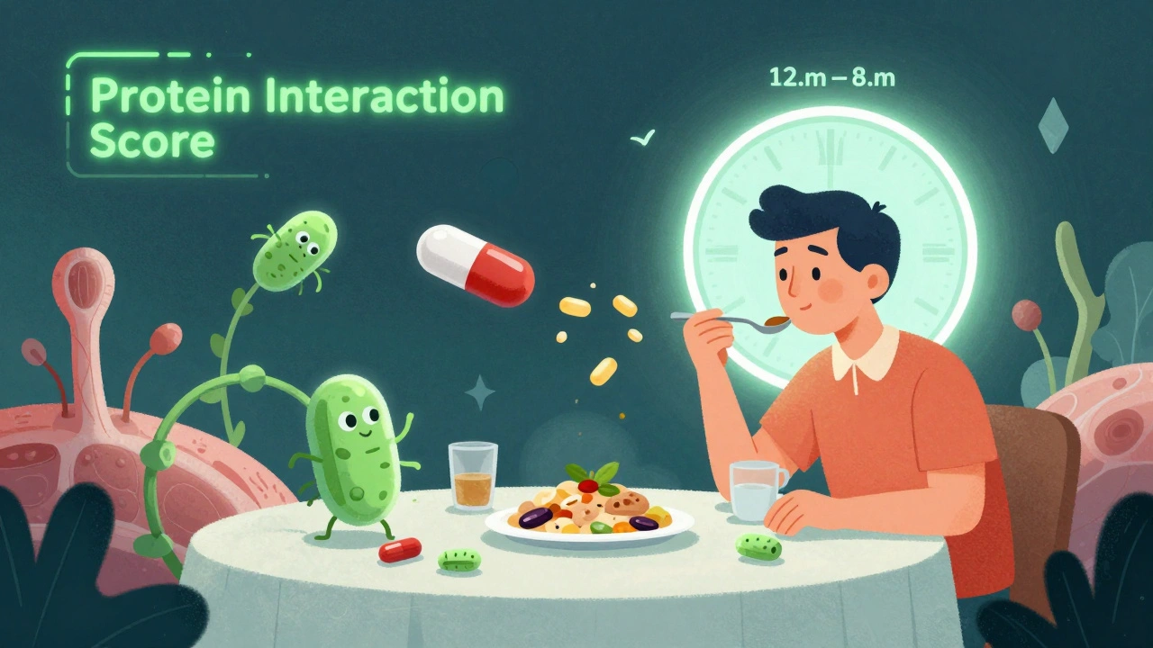 Dinner under a time window halo, probiotics guide amino acids away from a levodopa capsule as muscles grow nearby.