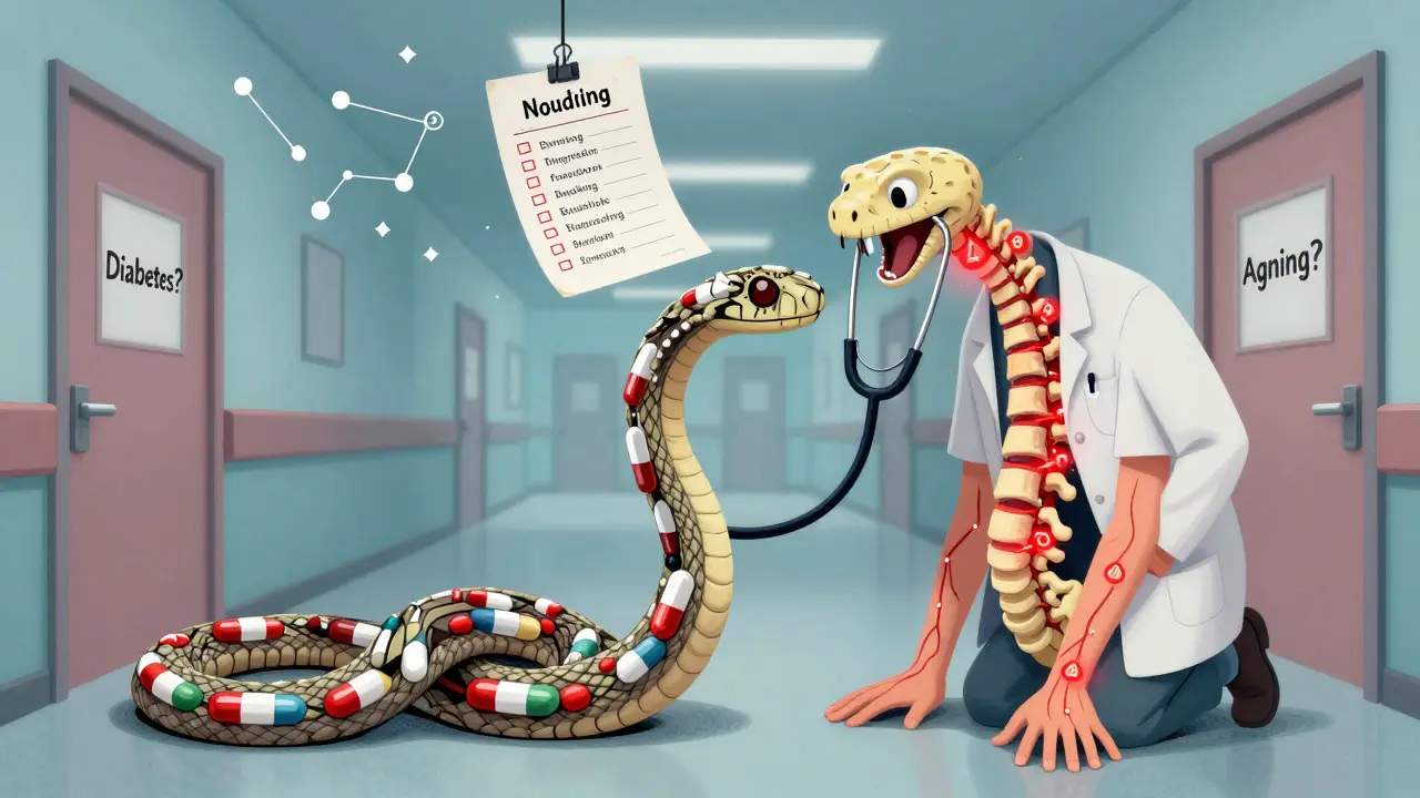 Doctor's stethoscope as a serpent biting the spine, with symptoms glowing like constellations.