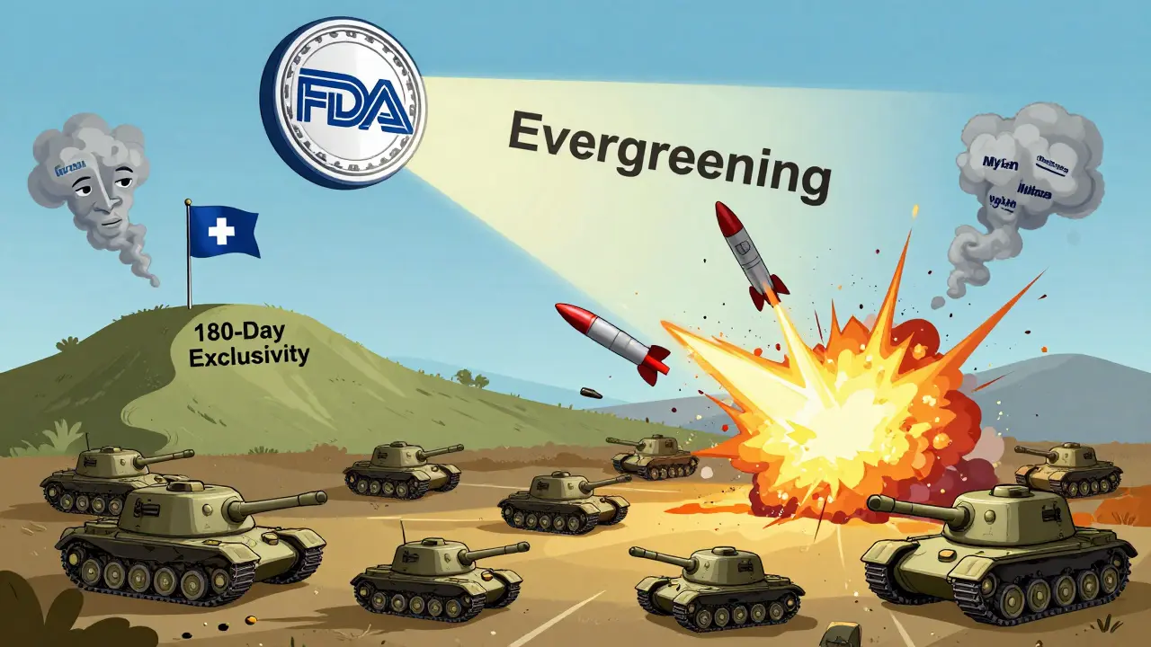 Generic drug companies battle patent thickets on a pill-shaped battlefield.