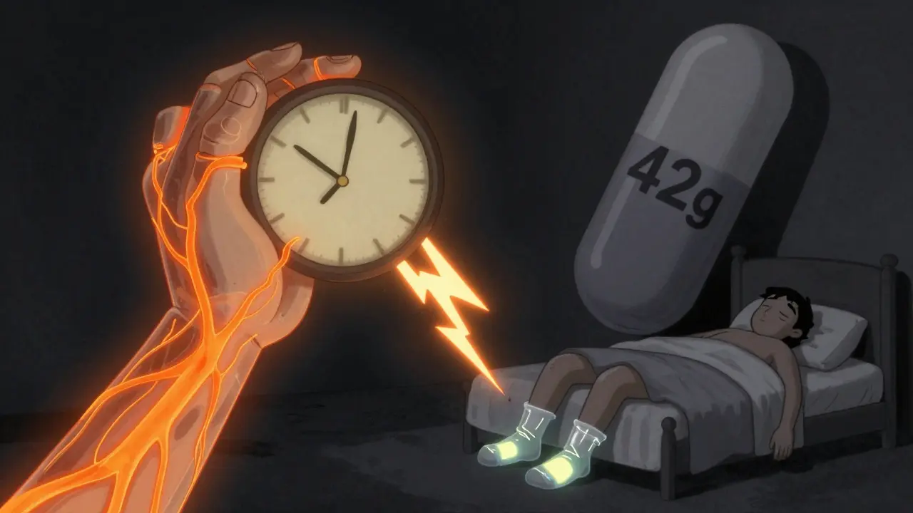 Hand clutching a melting clock as lightning spreads through nerves, with a giant 42g pill looming.