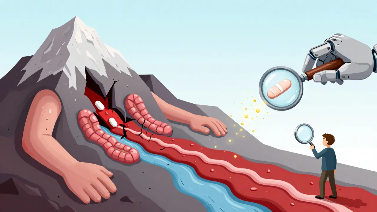 Human body as a landscape where warfarin causes blood floods, while a split metformin tablet releases calming golden particles.