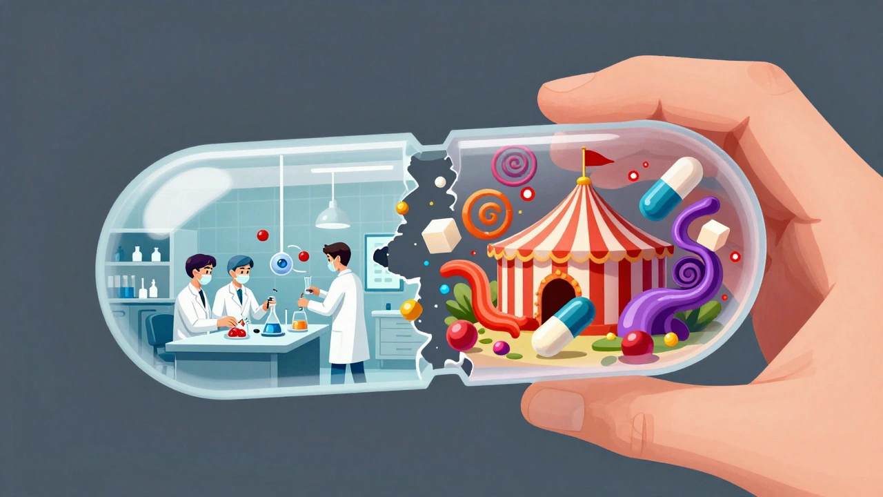 Inside a transparent pill: a lab scene on one side, chaotic excipient carnival on the other, with warning sparks.
