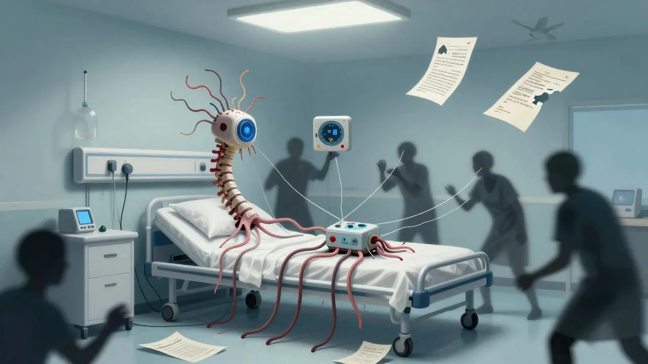 Medical devices as living creatures with tangled wires and neural vines, while lab-coated figures try to hold them together with thread.