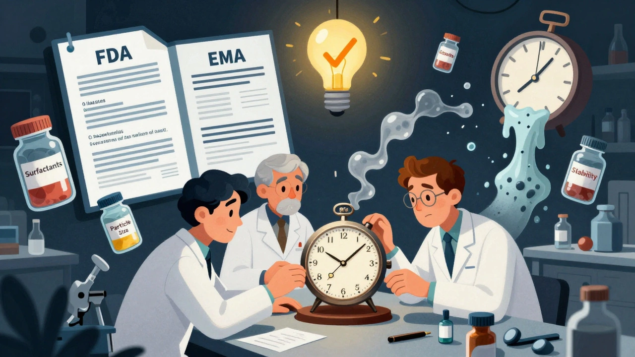 Scientists rebuilding a watch from its sound, surrounded by floating drug ingredient jars and arguing regulatory documents.