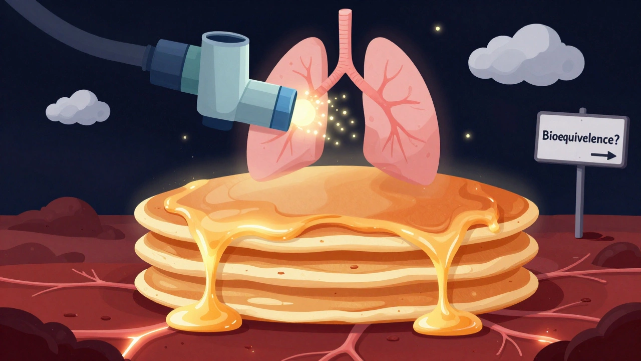 Skin layers as pancakes with glowing cream seeping down, while an inhaler fires particles into cloud-shaped lungs.