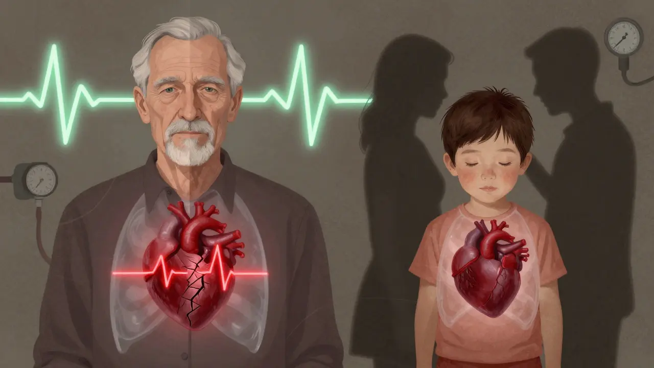 Split portrait of elderly and child with transparent hearts showing arrhythmia and hidden family history.