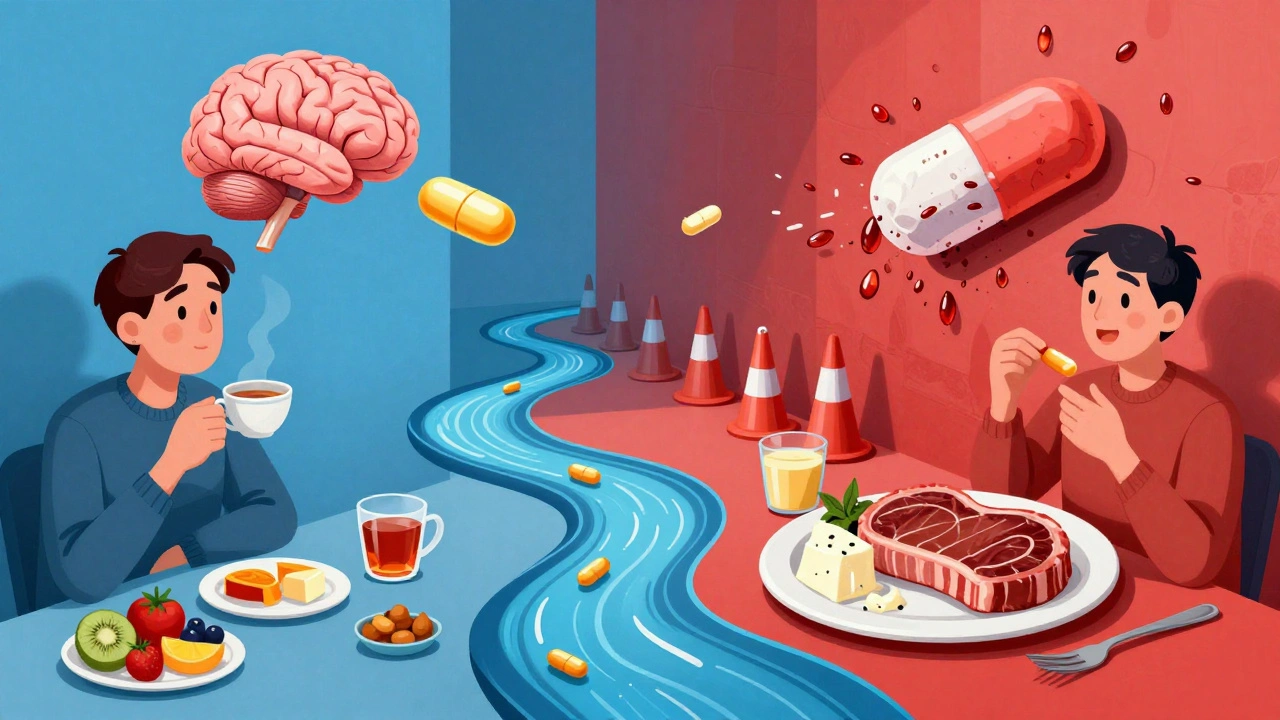 Split scene: light breakfast lets a pill reach the brain, while a heavy lunch crushes another pill with protein traffic.