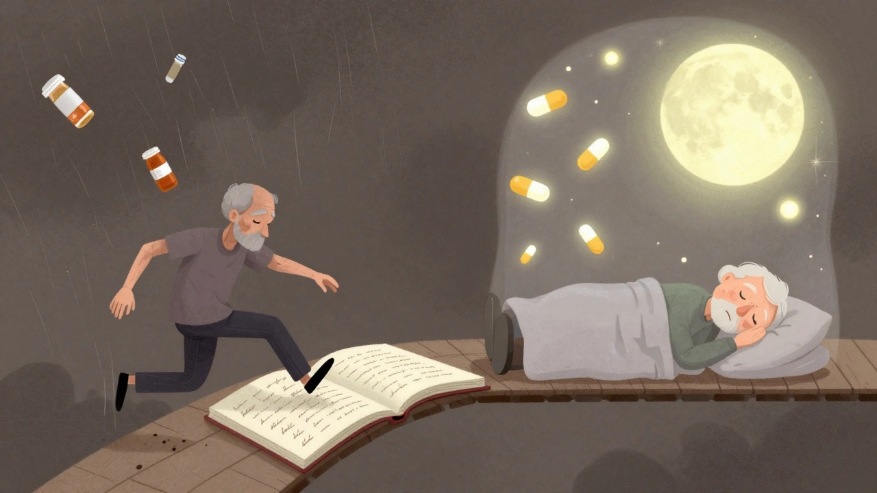 Split scene: one side shows a fall amid pills, the other peaceful sleep under a moon and melatonin capsules.