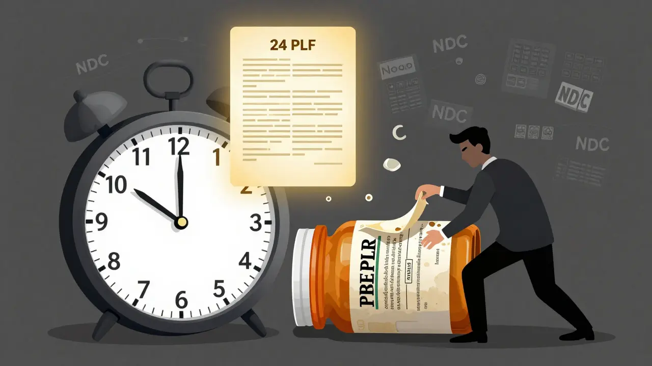 Surreal clock with legal-paper hands peeling off an outdated drug label, while a glowing PLR template hovers above.