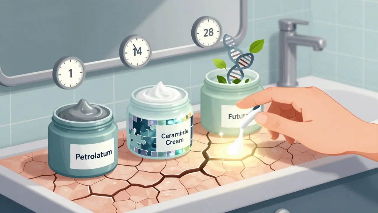 Three skincare jars on a counter, one glowing with healing mosaic particles as skin regenerates beneath.