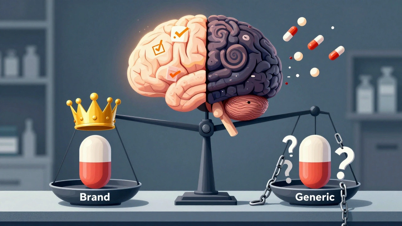 Two identical pills on a scale: one crowned and glowing, the other burdened by question marks and chains, while a split brain shows trust versus doubt.