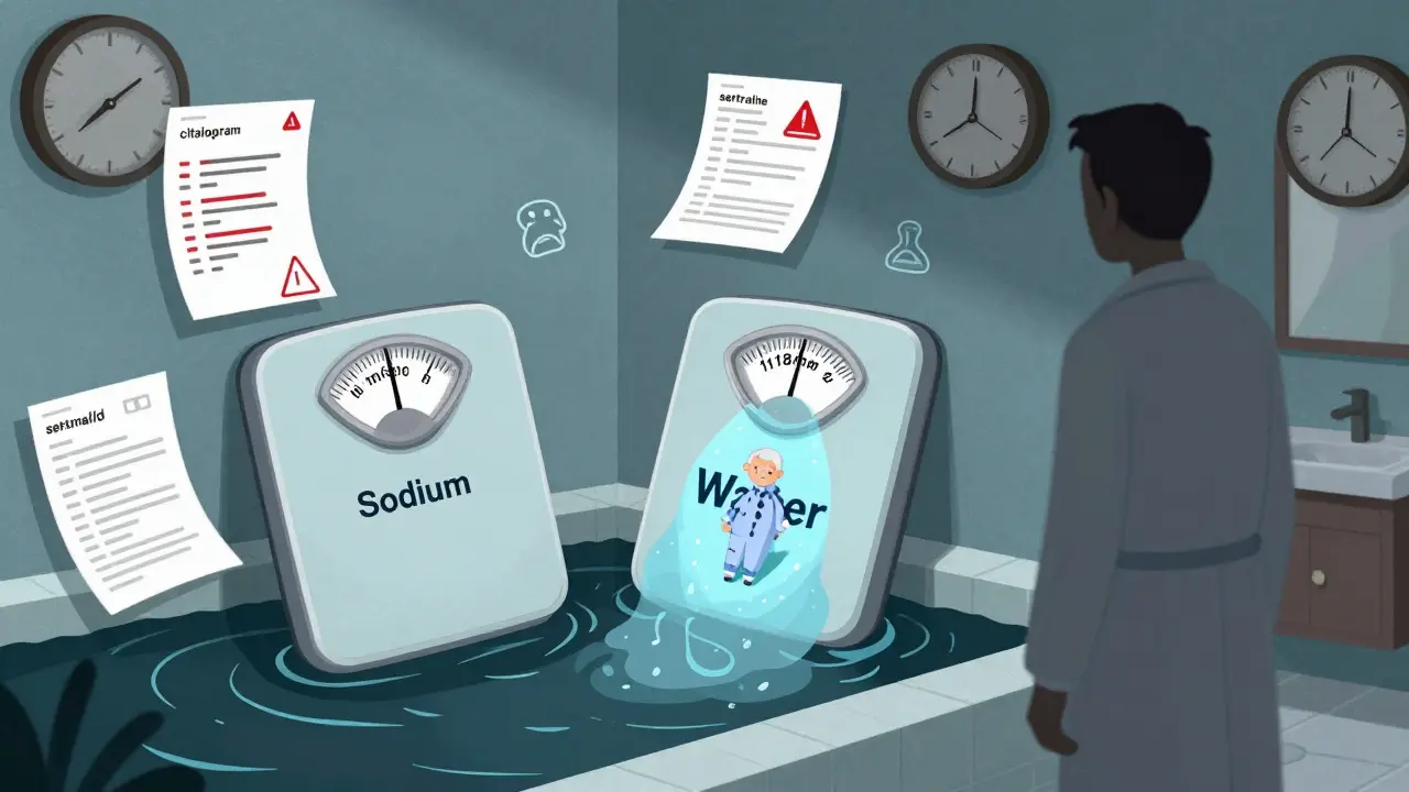 A bathroom scale showing low sodium and overflowing water, with an elderly figure drowning as doctors ignore the scene in surreal illustration.