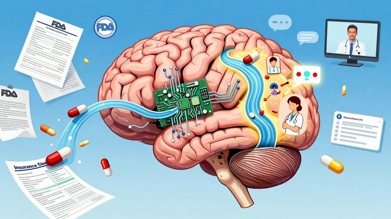 A brain made of circuits has pill rivers flowing through it, with chaos on one side and harmony on the other.