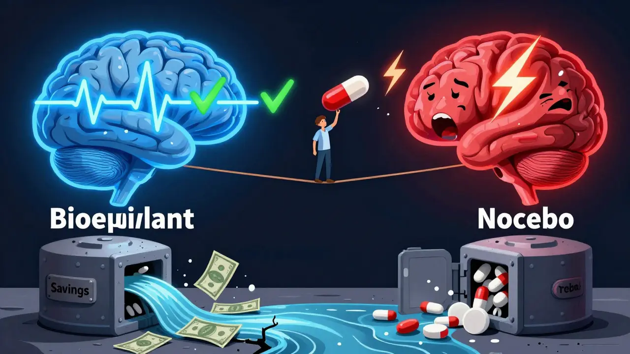 A brain split between scientific truth and fear, with a patient balancing on a tightrope above leaking savings.