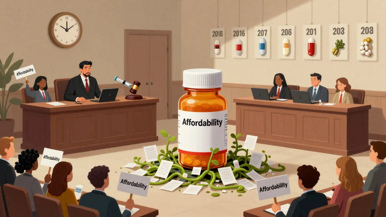A branded drug bottle on trial surrounded by hundreds of patent vines, judged by a syringe gavel.