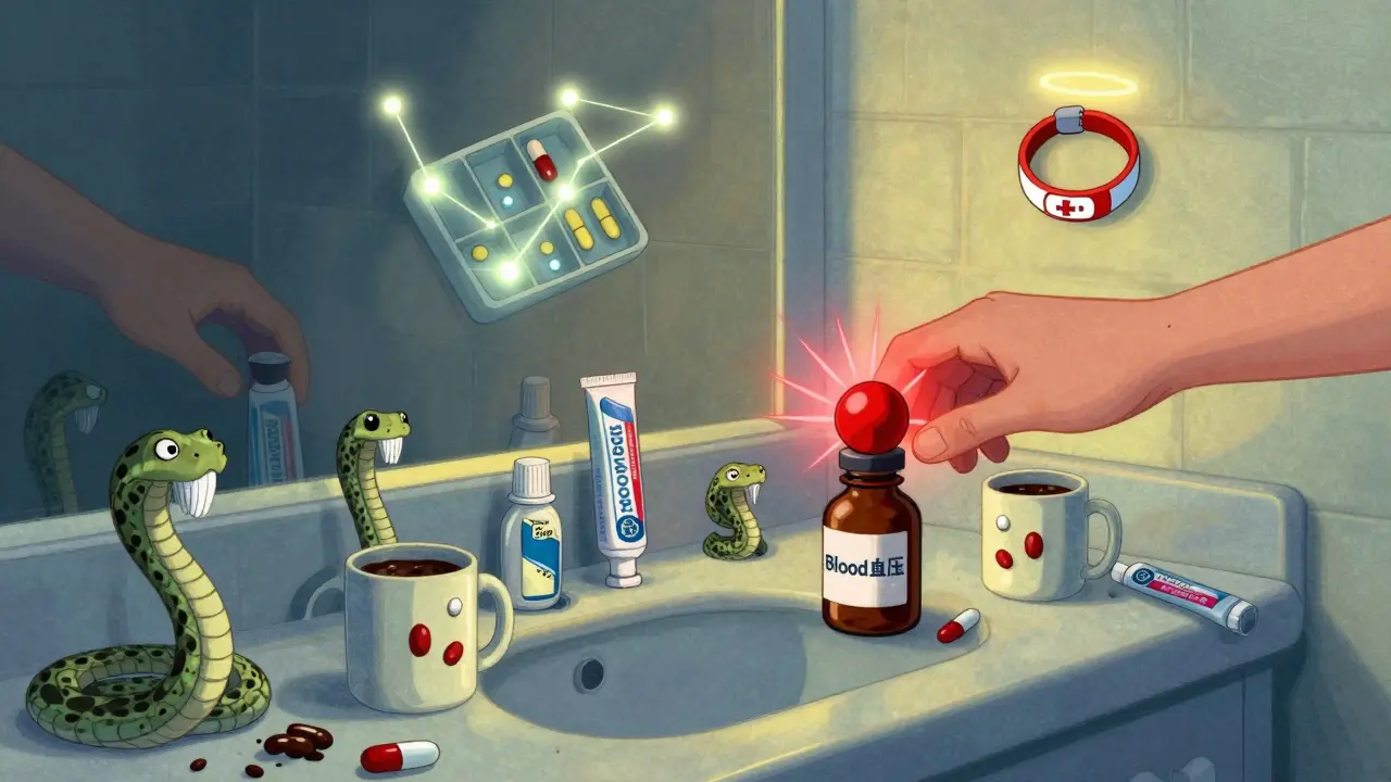 A chaotic bathroom scene where everyday items turn into dangerous pill bottles, with a glowing organizer and medical bracelet floating above.