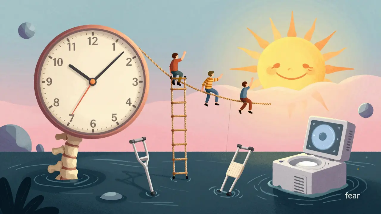 A clock made of vertebrae with figures climbing exercise bands toward a nervous system sun.