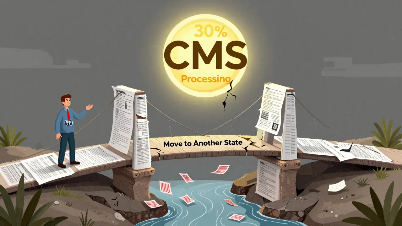 A crumbling bridge made of paperwork connecting two states, symbolizing lost coverage after relocation, with floating denial letters and a fading government logo.