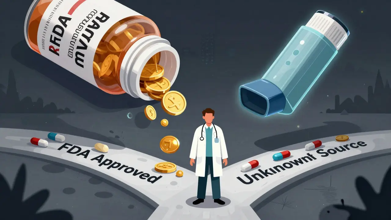 A doctor faces a crossroads of trusted and unknown generic pills, with a dissolving branded drug dripping gold.