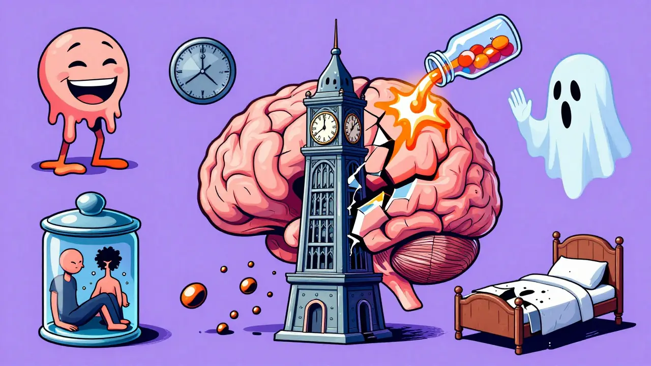 A fractured brain-clock tower leaking hypocretin particles, surrounded by symbols of narcolepsy symptoms.