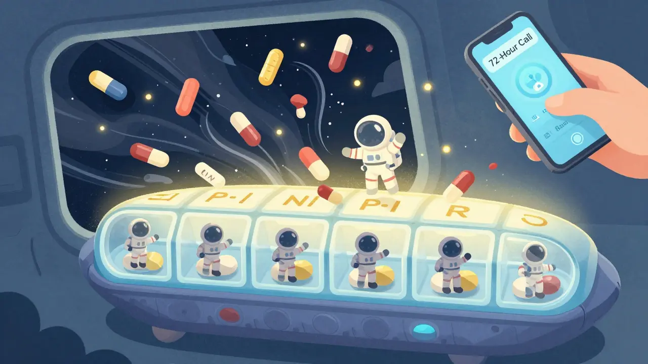 A glowing pill organizer spaceship protecting pills from chaotic floating medications, with a phone notification nearby.