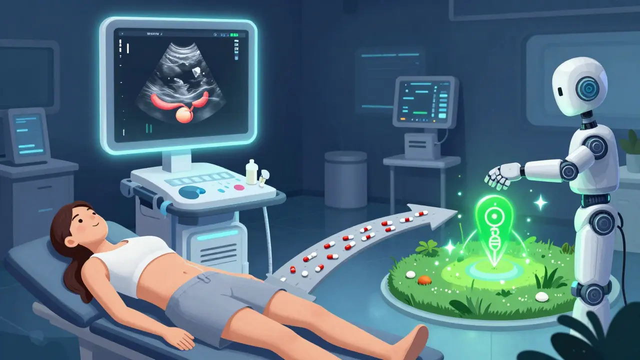 A glowing ultrasound scanner projects a bladder tide with two paths: one leading to collapse, the other to a green healing garden.