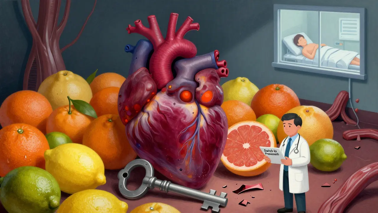 A heart is protected by safe citrus fruits while dangerous ones shatter a key enzyme, with a doctor offering a safer medication.