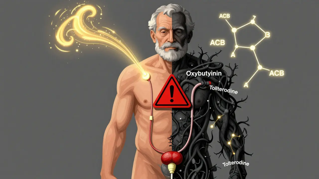 A man's body split between healthy and constricted bladder states, choked by dark vines labeled with anticholinergic drug names.