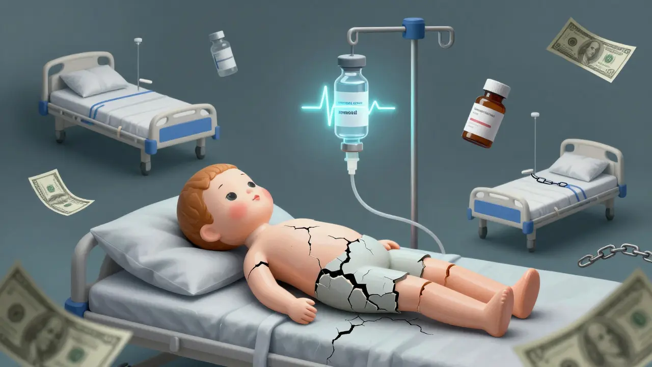 A patient's body is a fragile porcelain doll connected to a glowing life-sustaining drug vial.