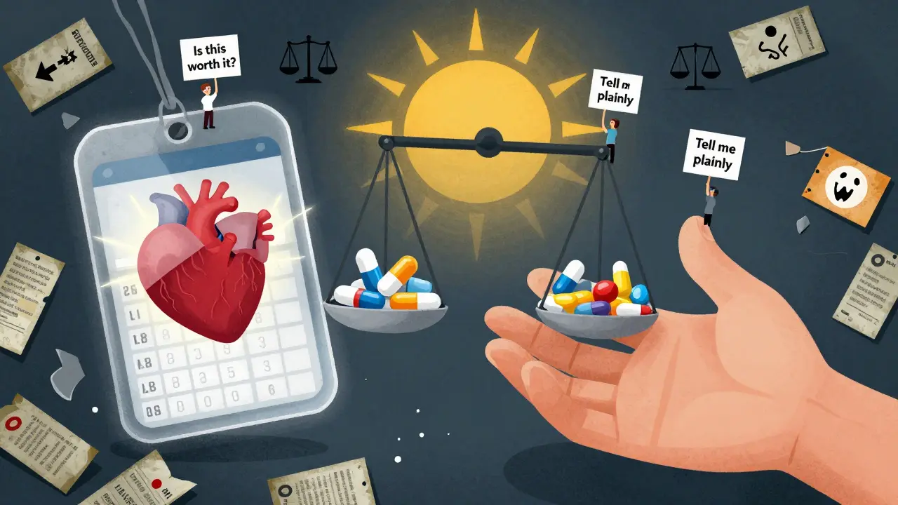 A patient's hand reaches for a floating drug label shaped as a scale, balancing health benefits against side effects and costs.
