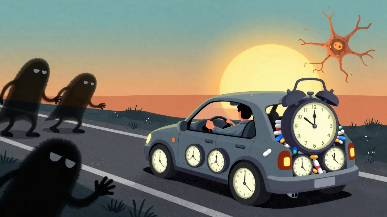 A person driving a clock-car with glowing pills as steering wheels, battling shadowy sleep monsters on the road.