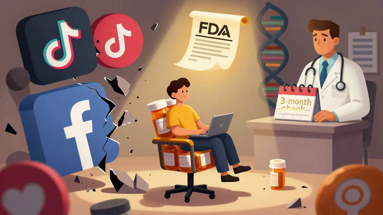 A person on a bottle chair watches social media icons crumble as an FDA alert glows above them.
