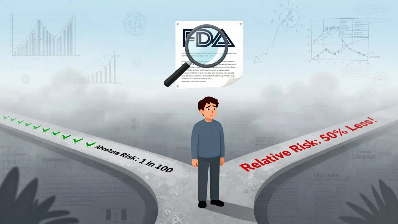 A person stands at a crossroads of medical risk messages, with clear numbers, misleading percentages, and confusing jargon as paths.