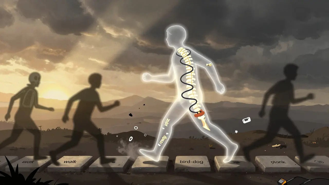 A person walking as their spine becomes a path of exercise movements, leaving medical scans behind.