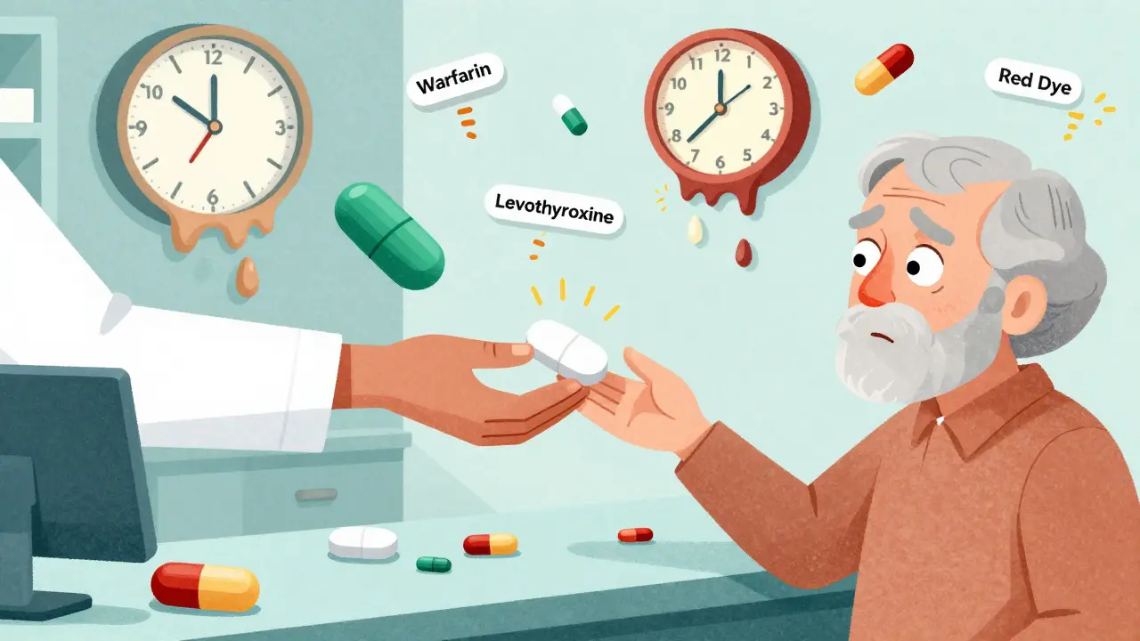 A pharmacist hands a changing pill to an elderly patient, with floating warning labels and a melting clock.