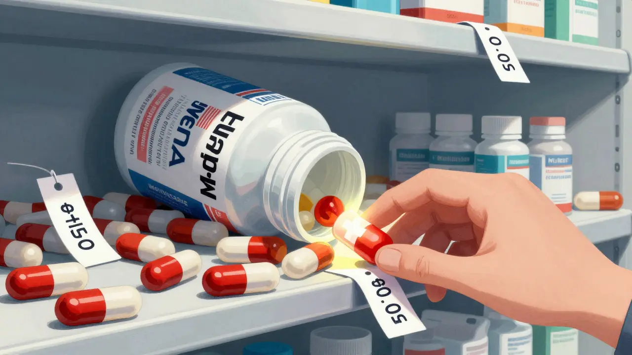 A pharmacy shelf with one towering brand drug dwarfing small generics, price tags dropping from high to low.