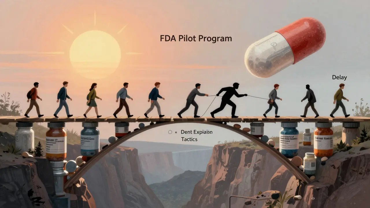 A pill-container bridge over patent expiration canyon, with patients crossing safely under FDA's rising sun.